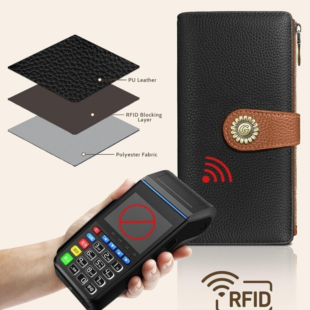RFID Blocking Black Wallet with Brown Strap - Picture 1 of 6